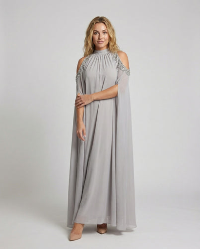 Damen Cape-Abendkleid Stehkragen Schulterverzierung
