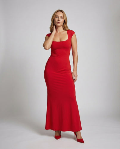 Damen Maxi-Jerseykleid U-Ausschnitt Kappenärmel Raffung