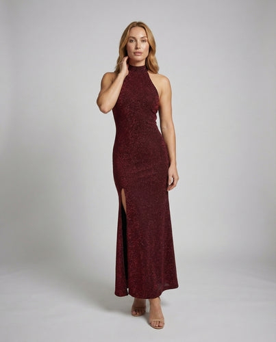 Damen Säulen-Maxikleid Neckholder Seitenschlitz
