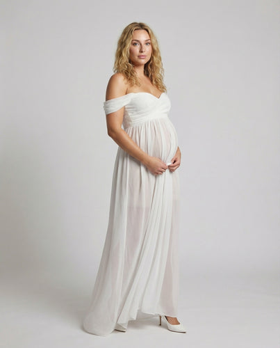 Damen Umstands-Fotokleid Carmen-Ausschnitt Chiffonschleppe
