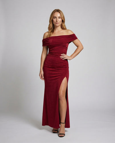Damen Abendkleid Schulterfrei Taillenraffung Schlitz