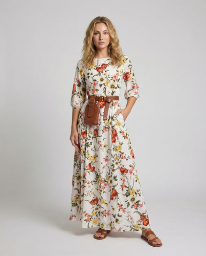 Damen Boho-Maxikleid Blumen-Print Bindegürtel