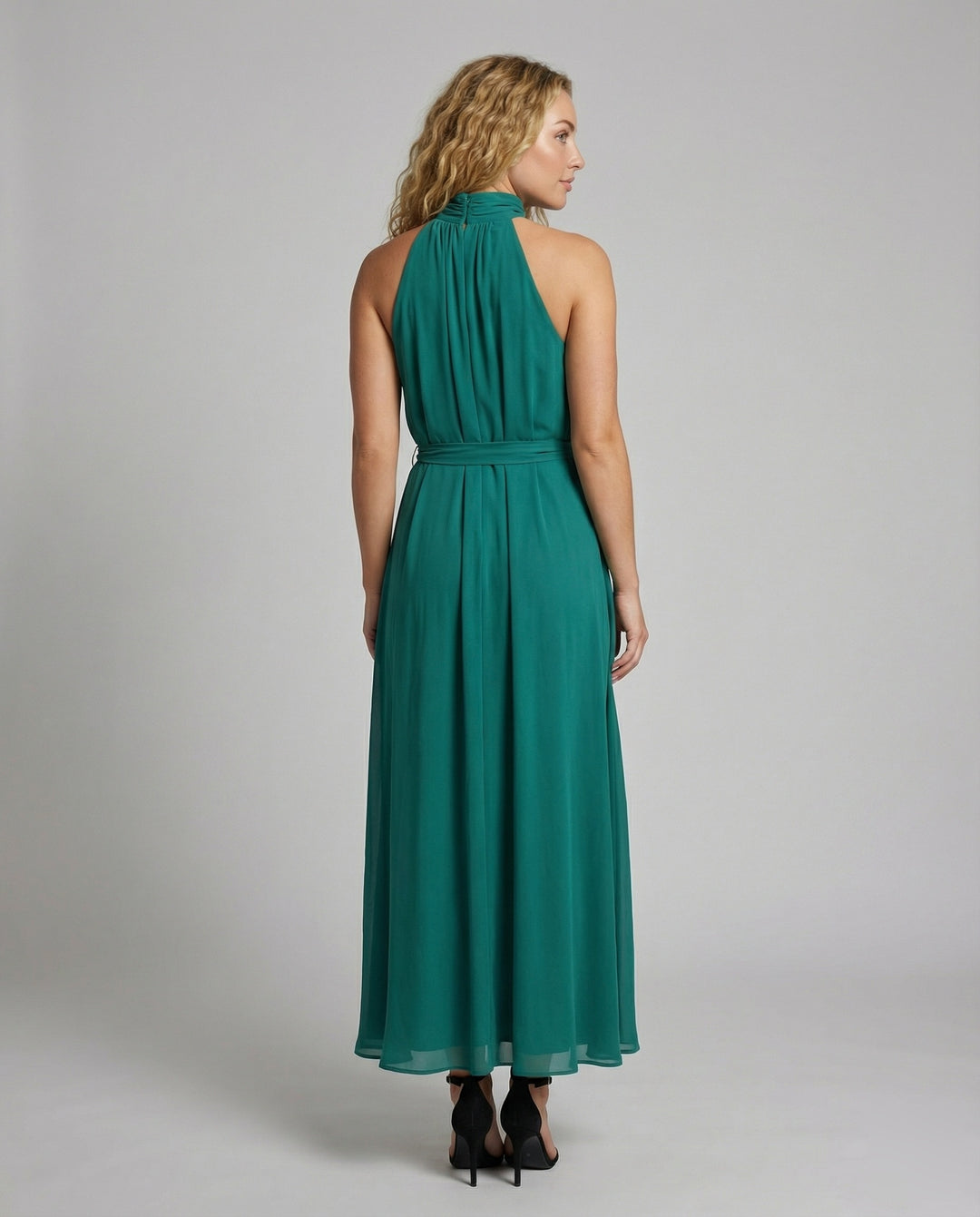 Damen Chiffon-Maxikleid Stehkragen Bindegürtel