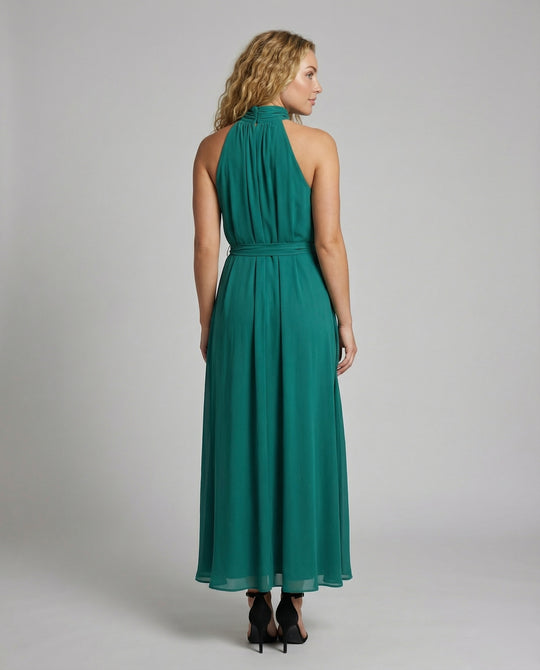 Damen Chiffon-Maxikleid Stehkragen Bindegürtel