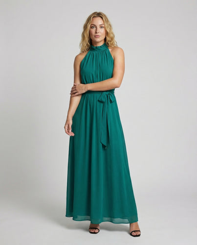 Damen Chiffon-Maxikleid Stehkragen Bindegürtel