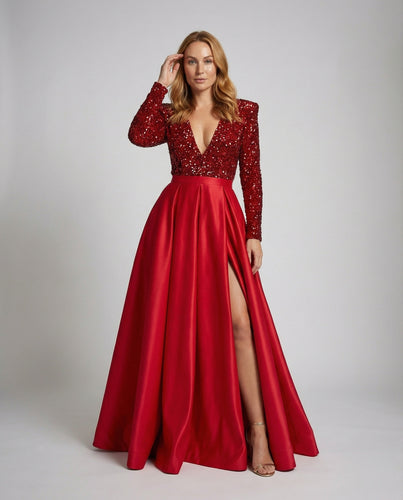 Damen Gala-Ballkleid Pailletten Langarm V-Ausschnitt