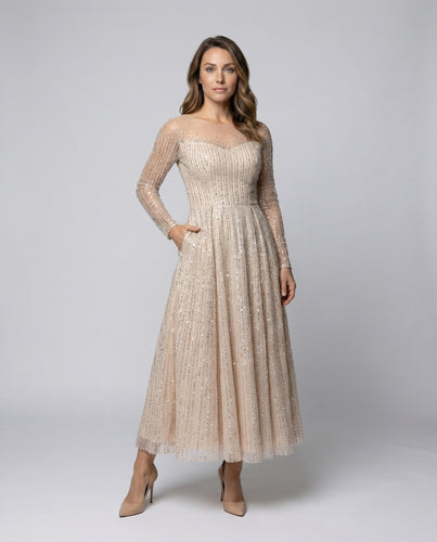 Damen Tüll-Midikleid Stickerei Langarm Faltenrock
