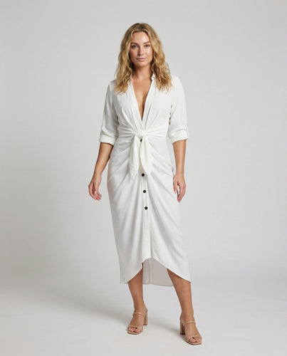 Damen Hemd-Midikleid V-Ausschnitt Knotendetail