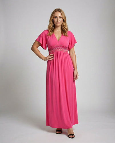 Damen Jersey-Maxikleid V-Ausschnitt Flügelärmel Empire