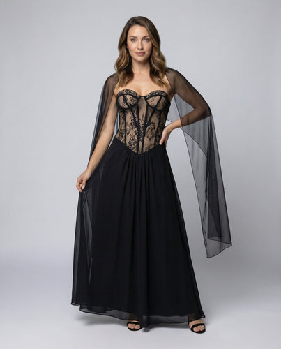 Damen Korsagen-Abendkleid Netz-Cape Chiffonrock