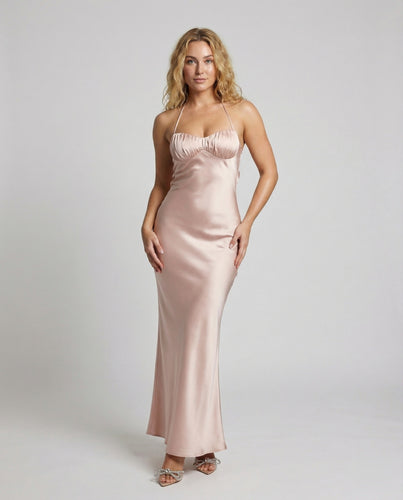 Damen Satin-Slipkleid Lang Neckholder Bustier