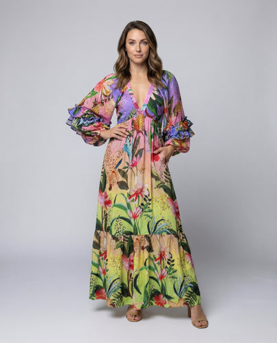 Damen Boho-Maxikleid V-Ausschnitt Volantärmel