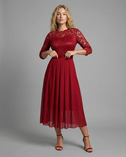 Damen Maxikleid Chiffon-Faltenrock Spitzencorsage