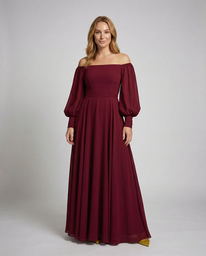 Damen Off-Shoulder Maxikleid Ballonärmel Faltenrock