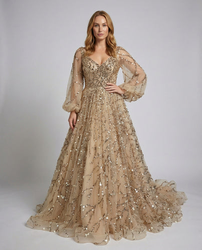 Damen Tüll-Ballkleid Ballonärmel Perlenapplikation