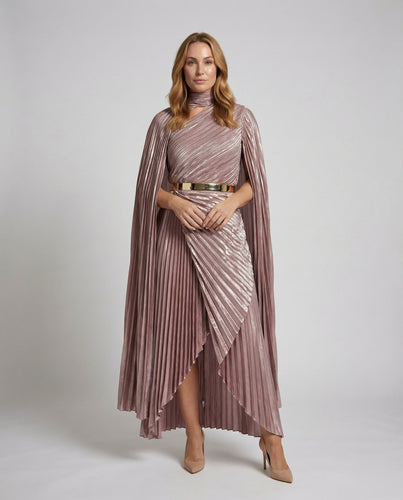 Damen Plissee-Maxikleid Stehkragen Cape-Ärmel