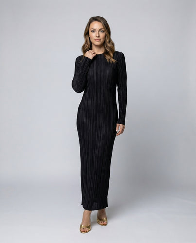 Damen Plissee-Maxikleid Rundhals Tailliert