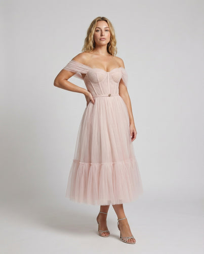Damen Tüllkleid Teelänge Puffärmel Volantrock
