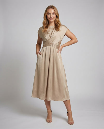 Damen Satin-Midikleid Cap-Sleeve A-Linie