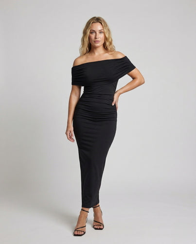 Damen Off-Shoulder Abendkleid Raffung Maxilänge
