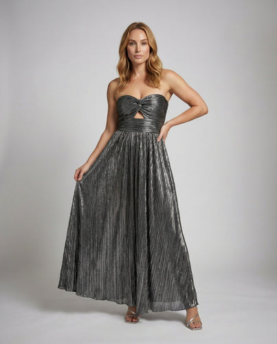 Damen Off-Shoulder Maxikleid Plissee Cut-Out