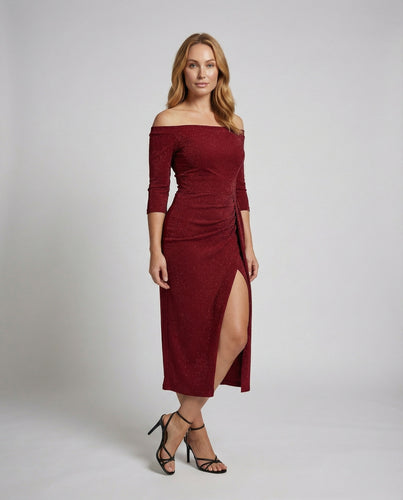 Damen Off-Shoulder Midikleid Raffung Beinschlitz