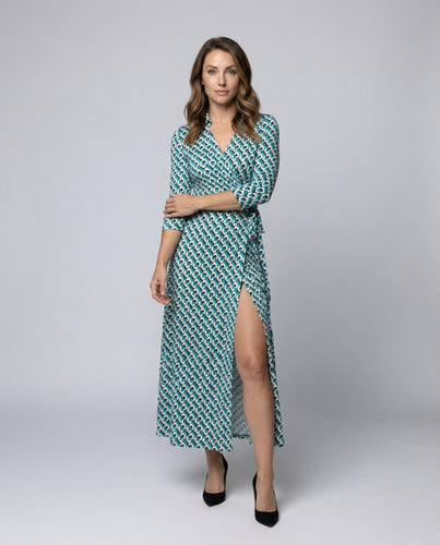 Damen Wickel-Maxikleid Reverskragen Beinschlitz Drapé