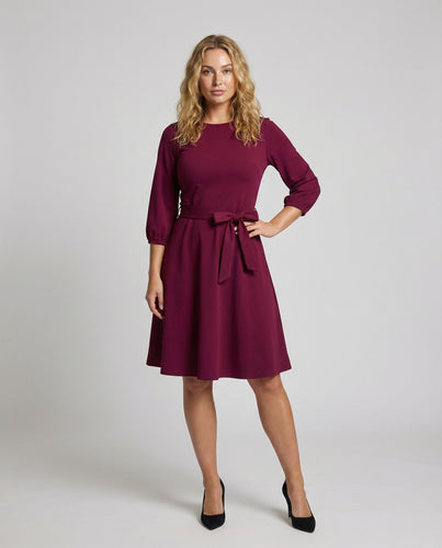 Damen Midikleid Bindegürtel Rundhals Elastik-Ärmel