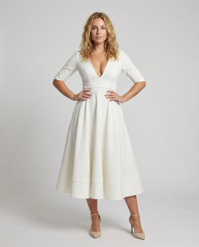 Damen Midikleid V-Ausschnitt Tellerrock Seitentaschen