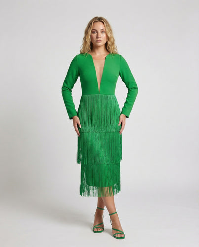 Damen Midikleid V-Ausschnitt Langarm Fransenbesatz