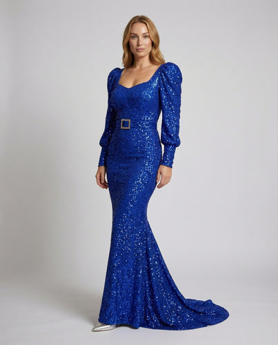 Damen Pailletten-Gala-Maxi Puffärmel Zierriemen