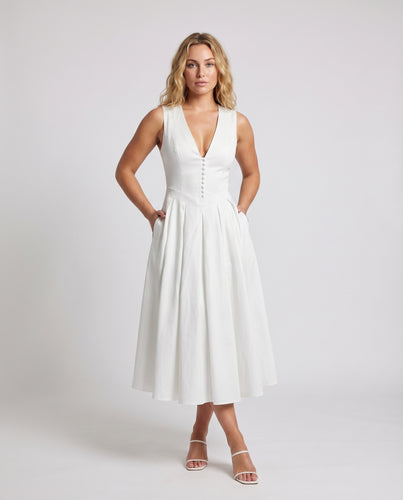 Damen Tellerkleid Midi V-Ausschnitt Kellerfalten