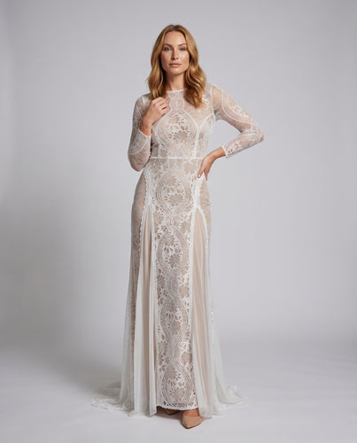 Damen Spitzen-Maxikleid Netzärmel Seitenschlitz