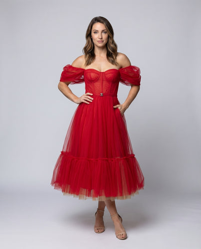 Damen Tüll-Tea-Kleid Herzkorsage Volantärmel