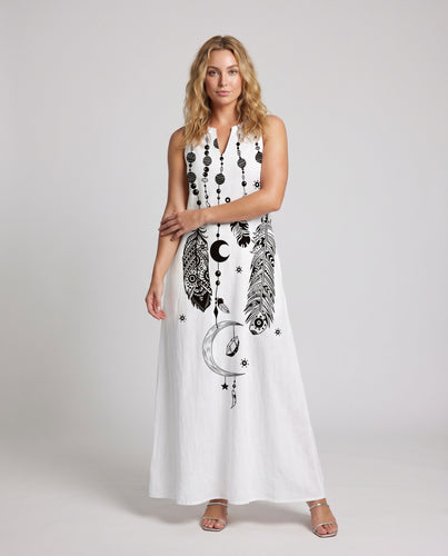 Damen Leinenoptik-Maxikleid Ärmellos Traumfänger-Print Taschen