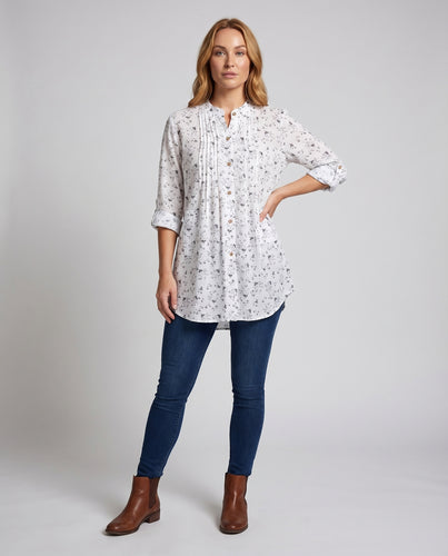 Damen Tunika-Bluse Biesen Holzknöpfe 3/4-Arm