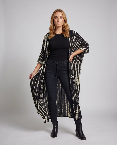 Damen Maxikimono Batikmuster Fledermausärmel Schlitze