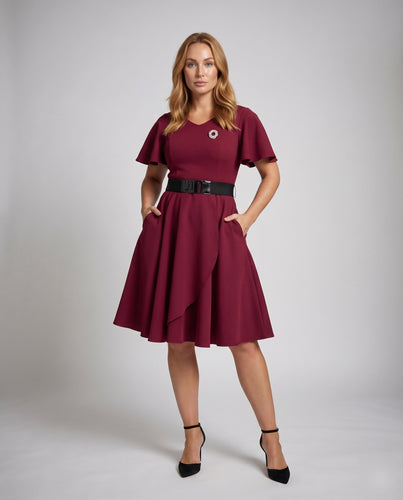 Damen Festkleid Cape-Ärmel Volantrock Gürtel