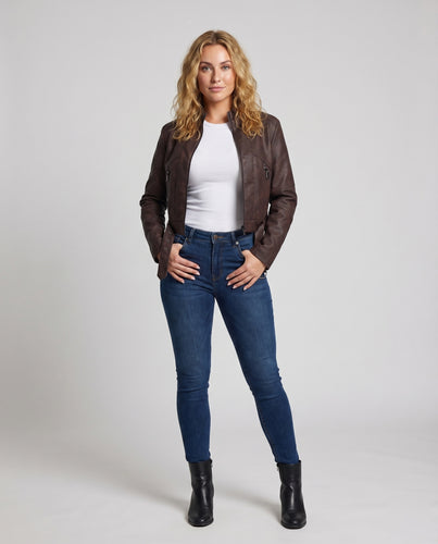 Damen Motorradjacke Lederoptik Stehkragen Taillenriemen