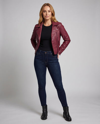 Damen Bikerjacke Kunstleder Asymmetrisch Gürtel