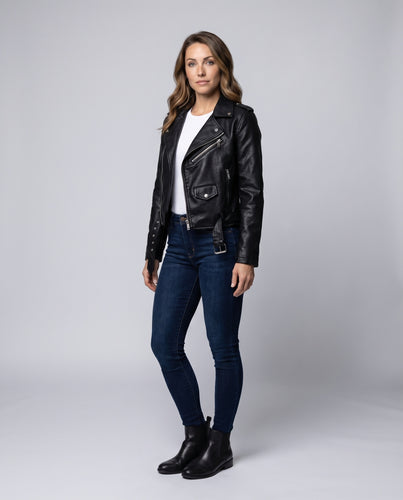 Damen Bikerblouson Kunstleder Asymmetrisch Taillengürtel