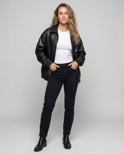 Damen Kunstleder-Blouson Hemdkragen Elastikbündchen