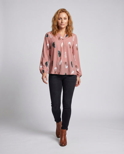 Damen V-Ausschnitt-Bluse Federprint Elastik-Manschetten