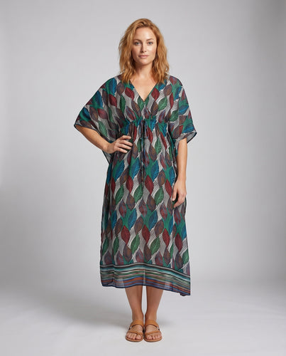 Damen Chiffon-Kaftan Maxikleid Blätterprint V-Ausschnitt