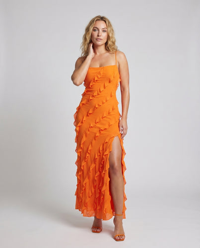 Damen Maxikleid Volantreihen Spaghettiträger Diagonal