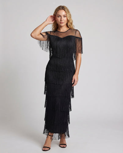 Damen Fransen-Maxikleid Mesh-Oberteil Säulenform