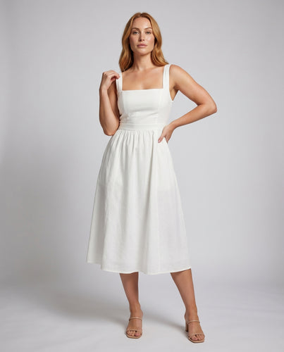 Damen Midikleid Breite Träger Mieder Seitentaschen