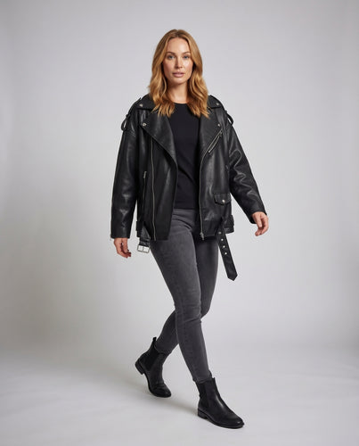 Damen Motorrad-Bikerjacke Oversize Lederimitat Taillengürtel