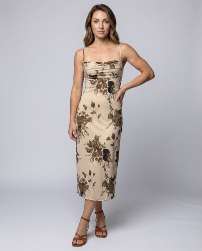 Damen Satin-Slipkleid Midi Floral Geraffte Brust