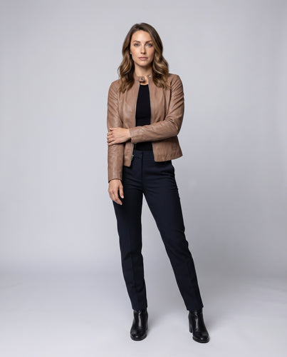 Damen Lederimitat-Kurzblouson Stehkragen Doppel-Zipp